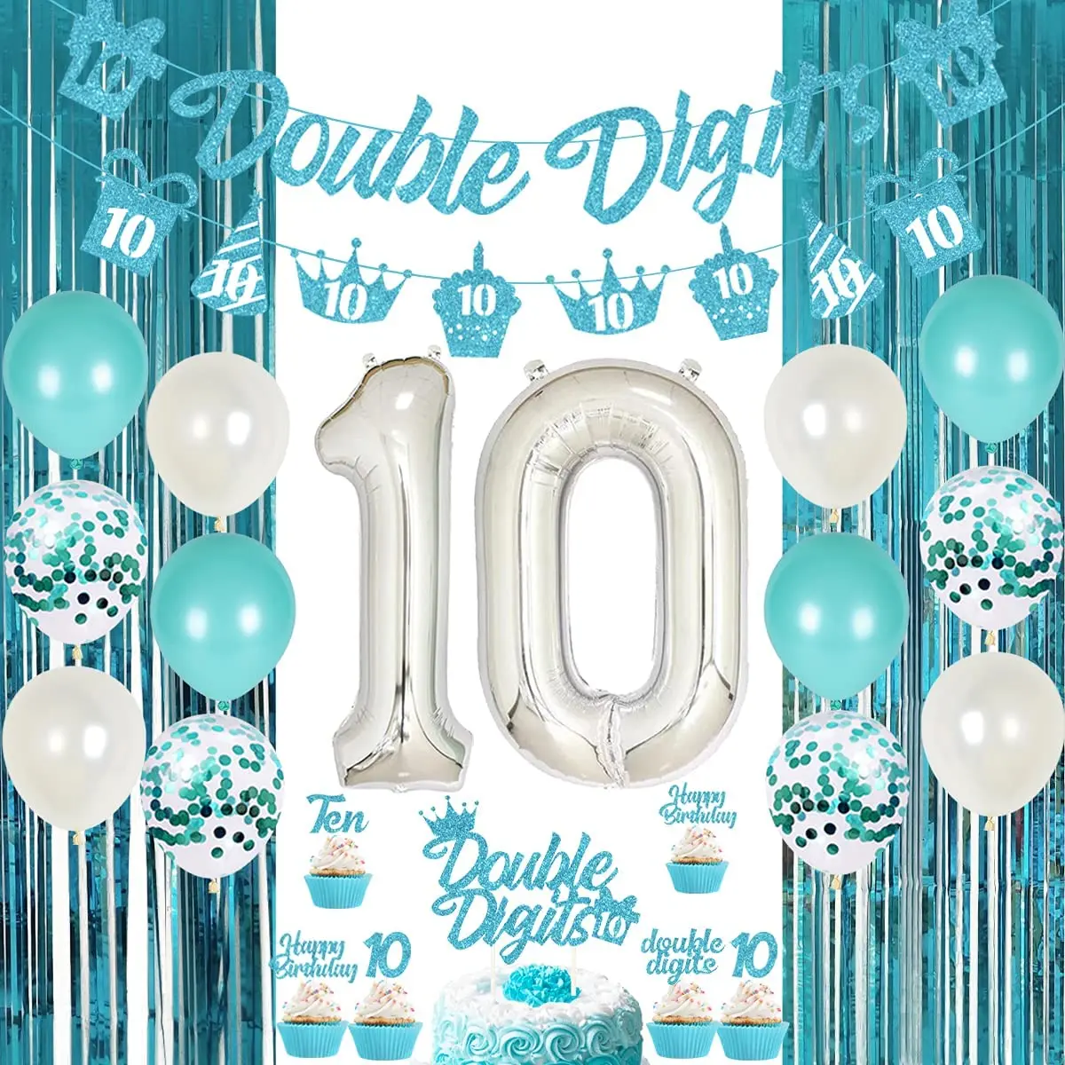 

Birthday Decorations for Girls, Teal Blue, Double Digits, Turquoise Banner, Number 10 Balloon, 10 Years Old, Party Supplies