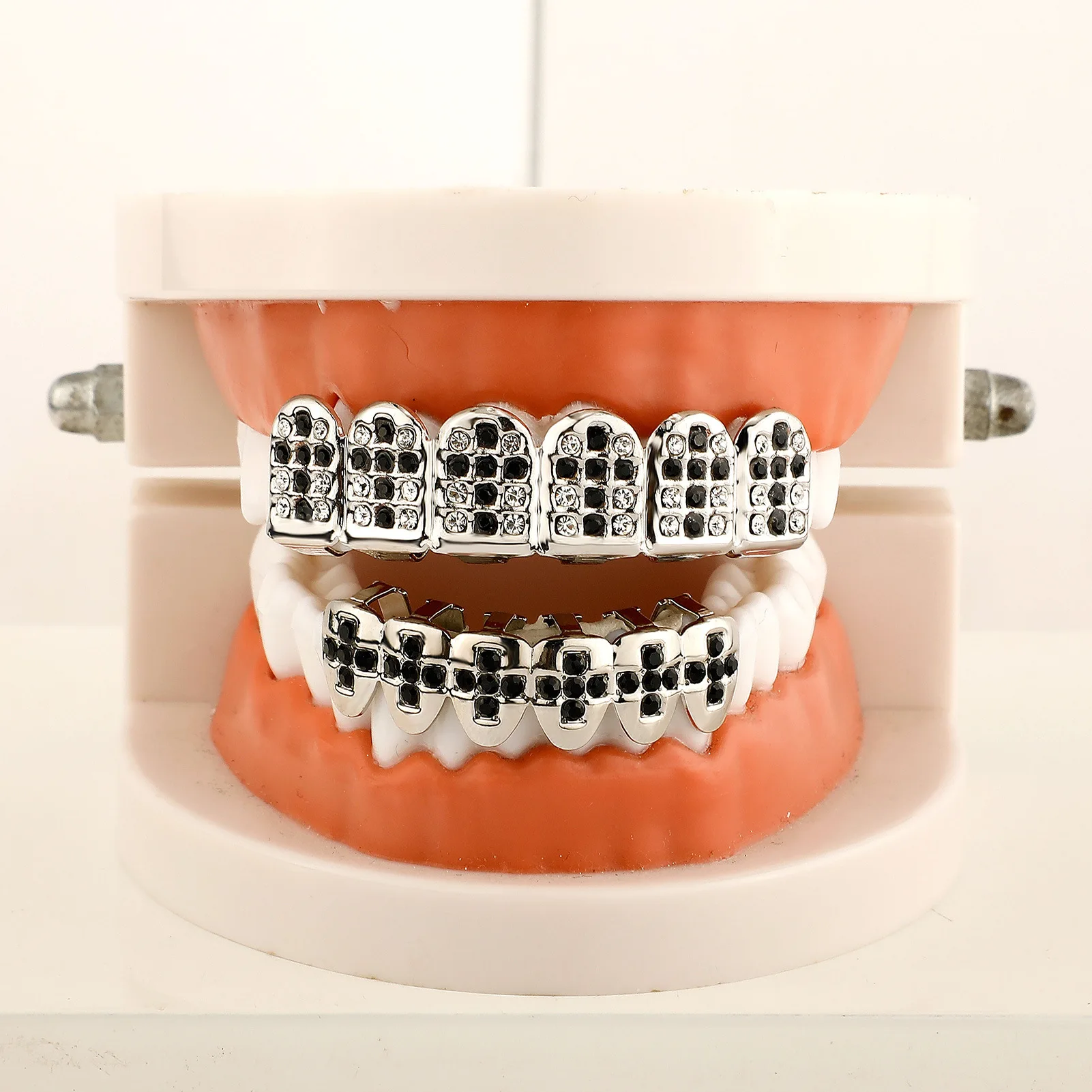 Black White Checkerboard Teeth Grillz Full CZ Zircon Hip Hop Rapper Street Fashion Halloween Party Wear Mouth Jewelry Wholesale