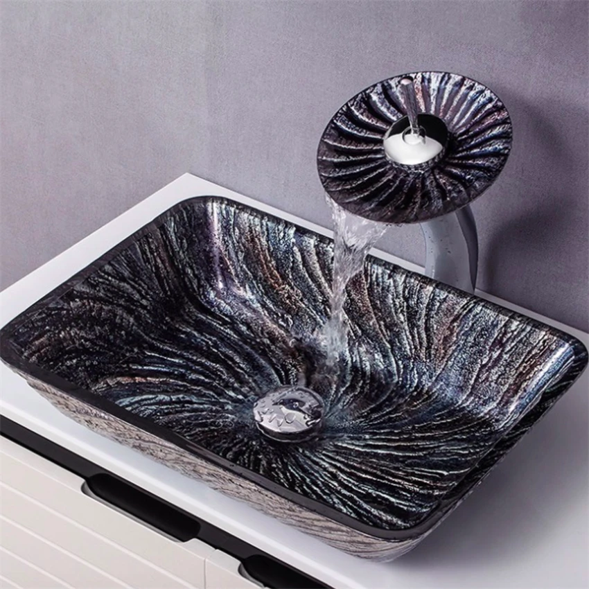 Glass Sink Bathroom Washbasin Countertop Art Basin Stripe Pattern Hand Wash  Pool Square Sink With Waterfall Faucet 57*37*11cm