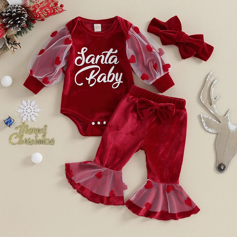 

2023-09-11 Lioraitiin 0-18M Baby Girl Christmas Outfit Santa Baby Love Heart Velvet Flare Pants Headband Fall Winter Clothes