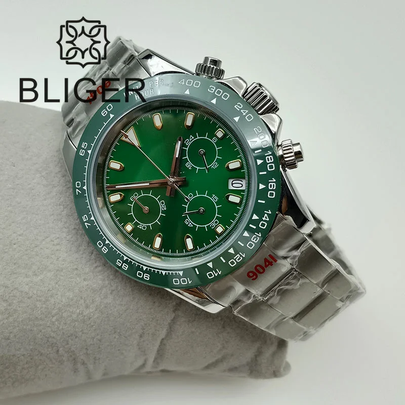 BLIGER 39mm Japan VK63 Men's Quartz Watch Chronograph Sterile Green Dial Bezle Stainless Steel Date Waterproof Sapphire Crystal