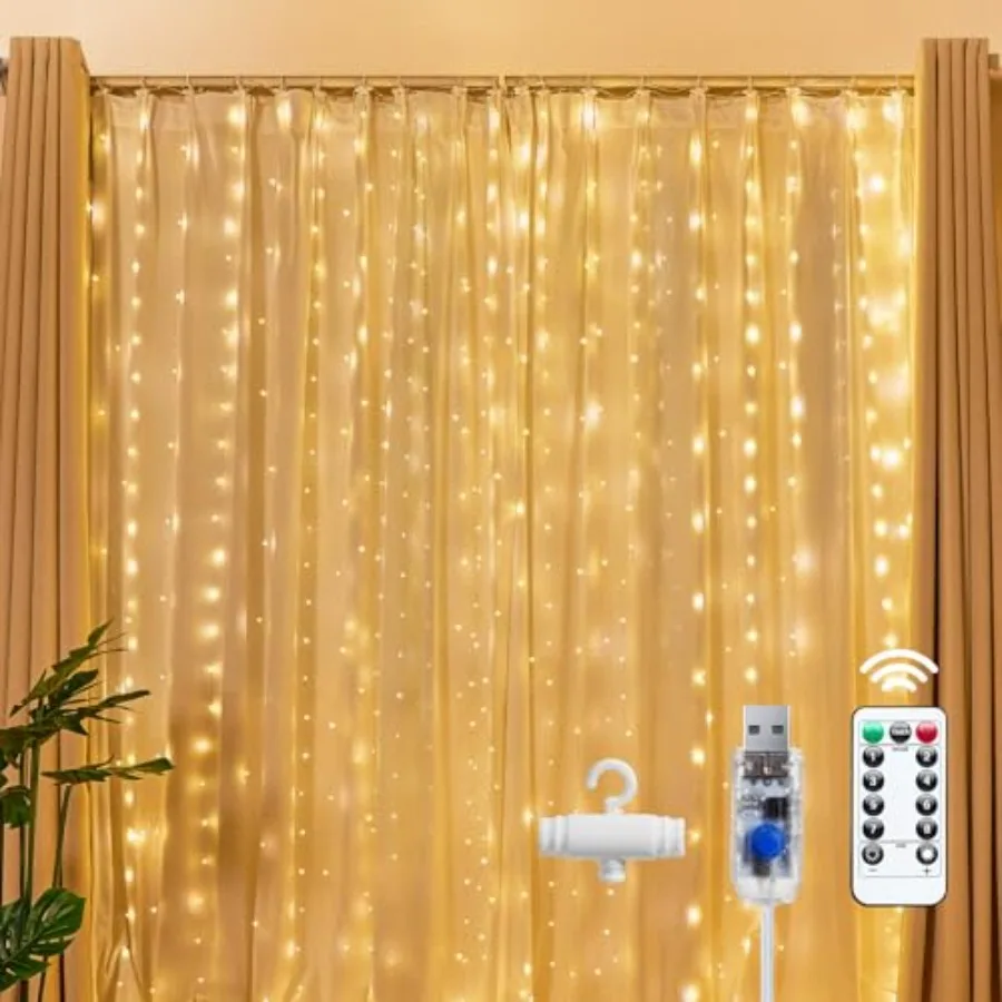 300 LED Fairy Curtain Lights, 9.8ft x 9.8ft Curtain String Lights, USB Plug in 8 Lighting Modes Christmas Decoration, Hanging L