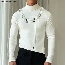 Autumn Stylish Men Tops INCERUN 2024 Metal Buckle Sweaters Casual Clubwear Male Solid Hot Sale High Neck Long Sleeved Pullovers