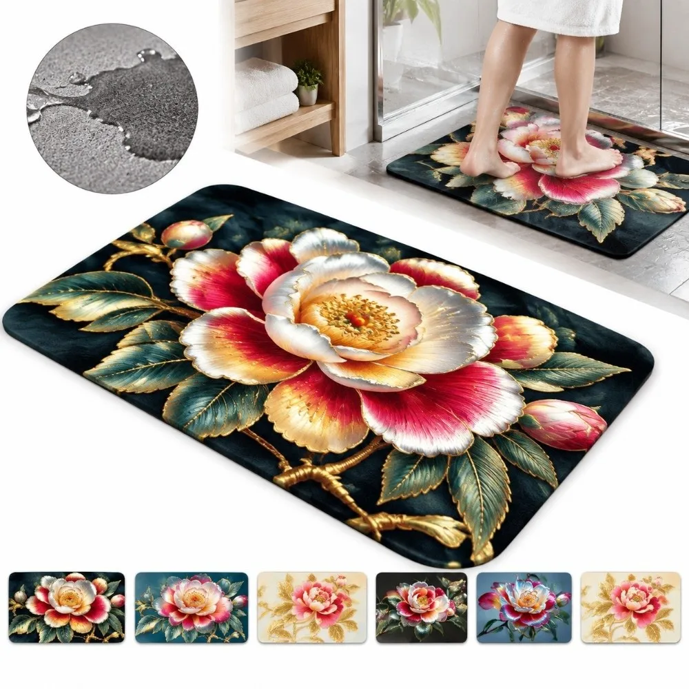 Elegant 2D Flower Carpet Soft Absorbent Bathroom Floor Mat 40x60cm Non-slip Door Gasket for Living Room Tea Table Bedside
