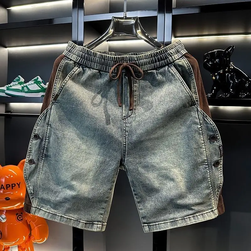 

Модные джинсовые шорты, мужские летние новые пуговицы с эластичной резинкой на талии, универсальные джинсы-карго, шорты, узкие джинсы, мужские брюки-карго