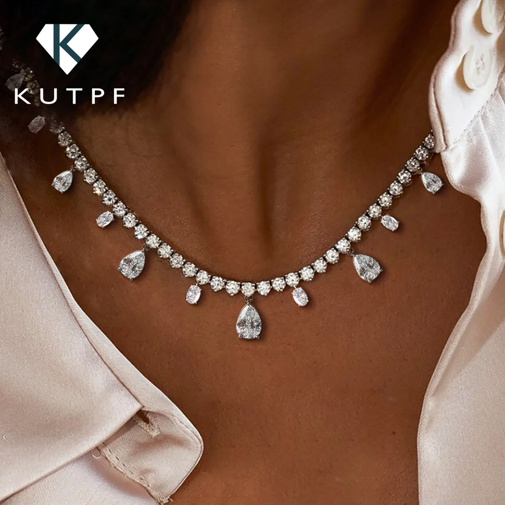 Full Moissanite Tennis Necklace With Waterdrop Pendant S925 Silver Round/Pear/Oval Cut Diamond Riviera Necklace for Women Bridal