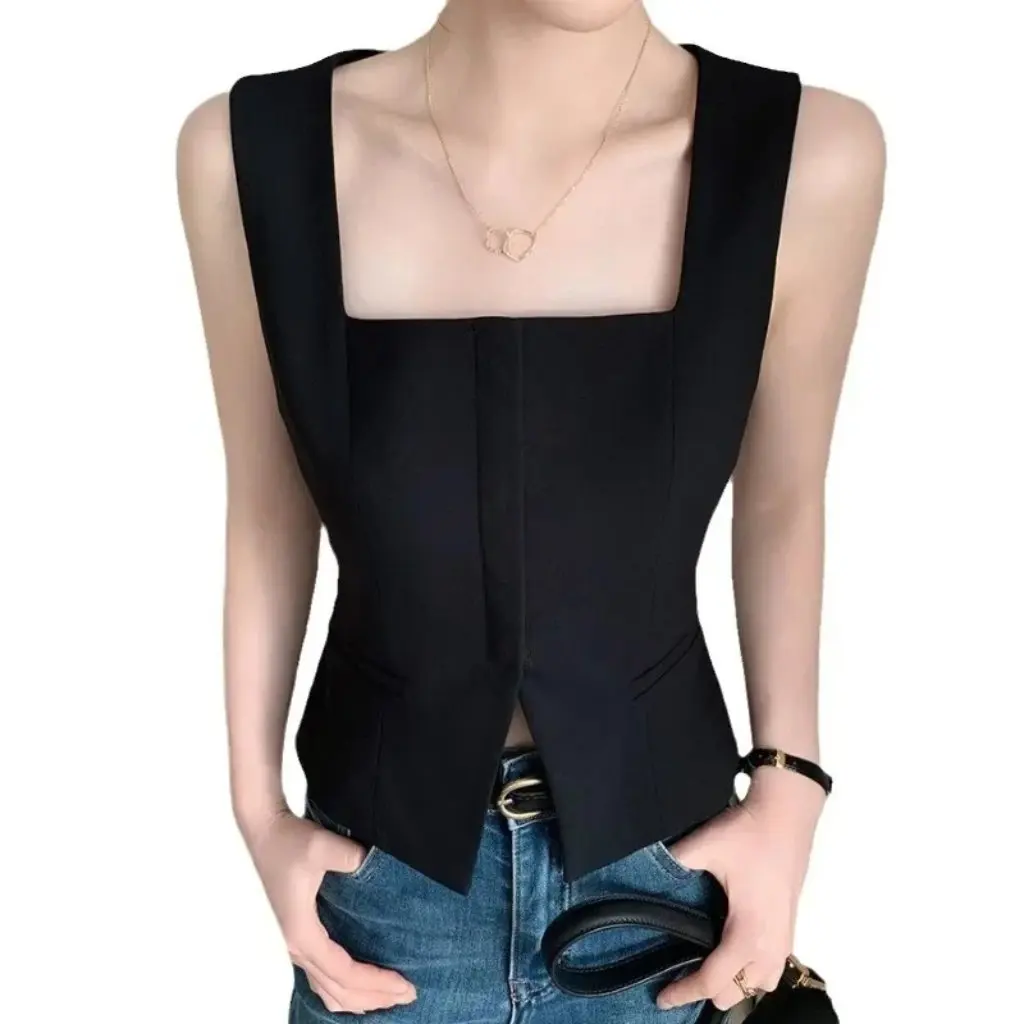 

Women's Black Square Collar Sleeveless Vest Summer Fashion New Design Hollow Split Split Fashion Top