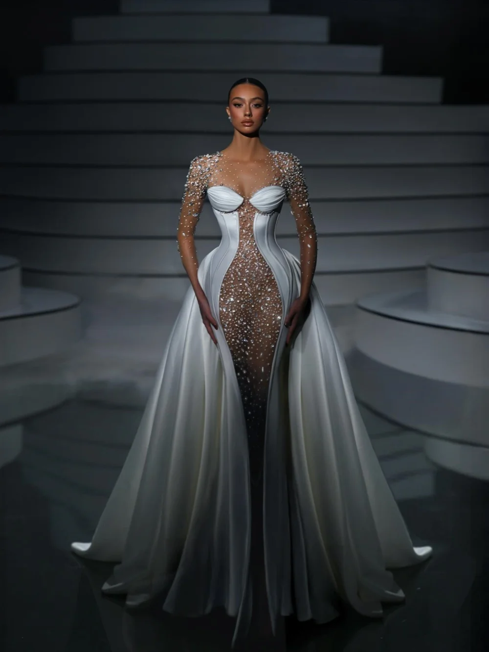 Dazzling Crystal Pearls Wedding Dress With Detachable Train Glamorous Satin Long Bridal Gown Customzied Dreamy Dresses For Bride