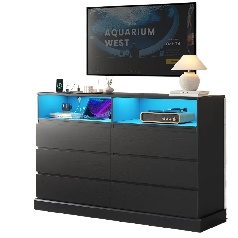 Black Dresser for Bedroom with LED Lights and Charging Station,Modern 6 Drawer Dresser for Bedroom, Living Room  dressing table