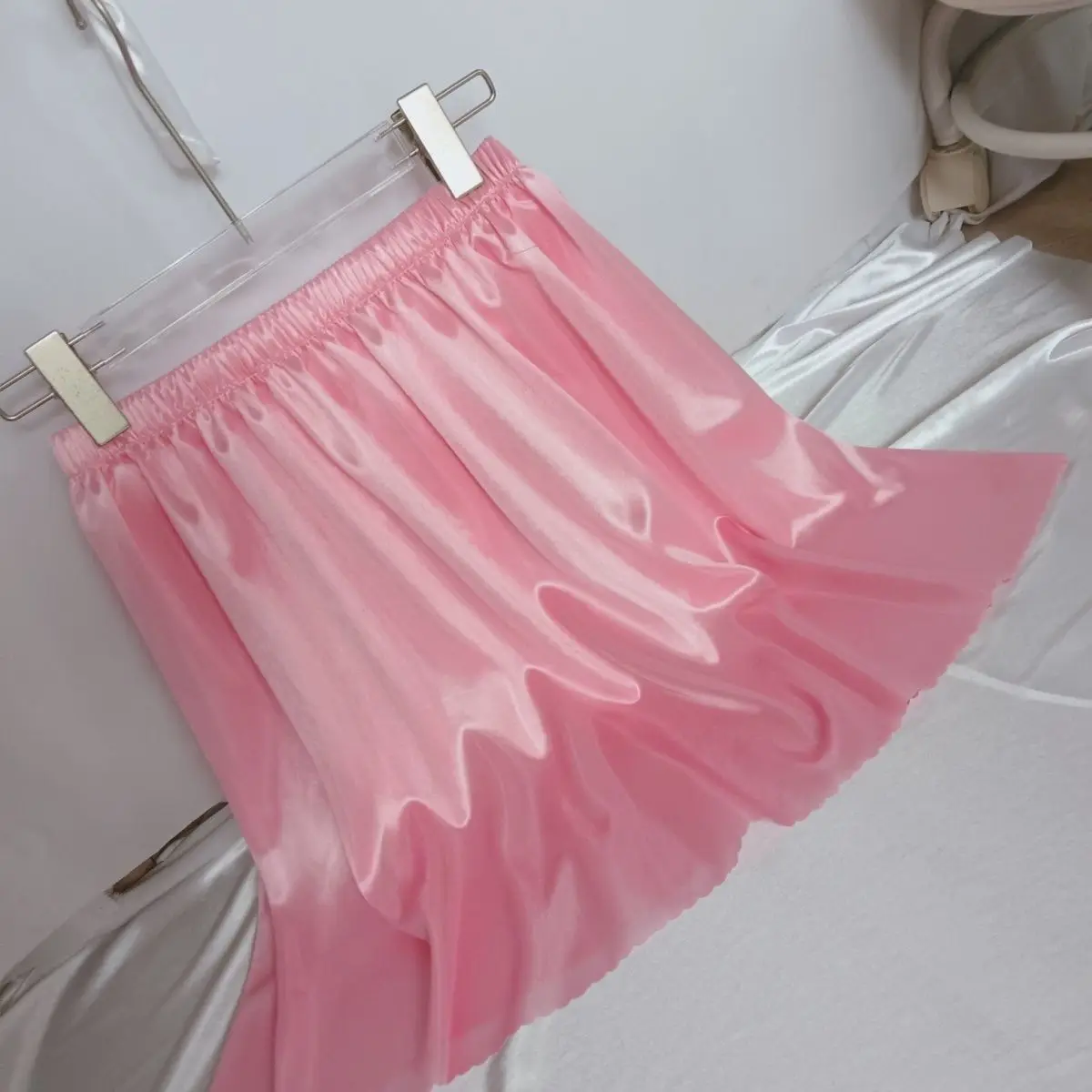 Length45cm Summer Glossy Satin Silk Pink Skirt Elegant Women High Waist 68-150cm Skirt Bottoms