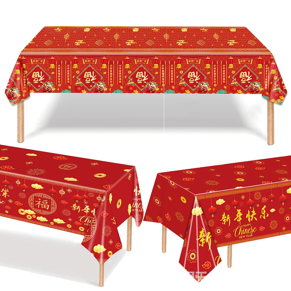 Chinese New Year Tablecloth Red Disposable Plastic Rectangle Happy Chinese New Year Table Cover Spring Festival Party Decoration