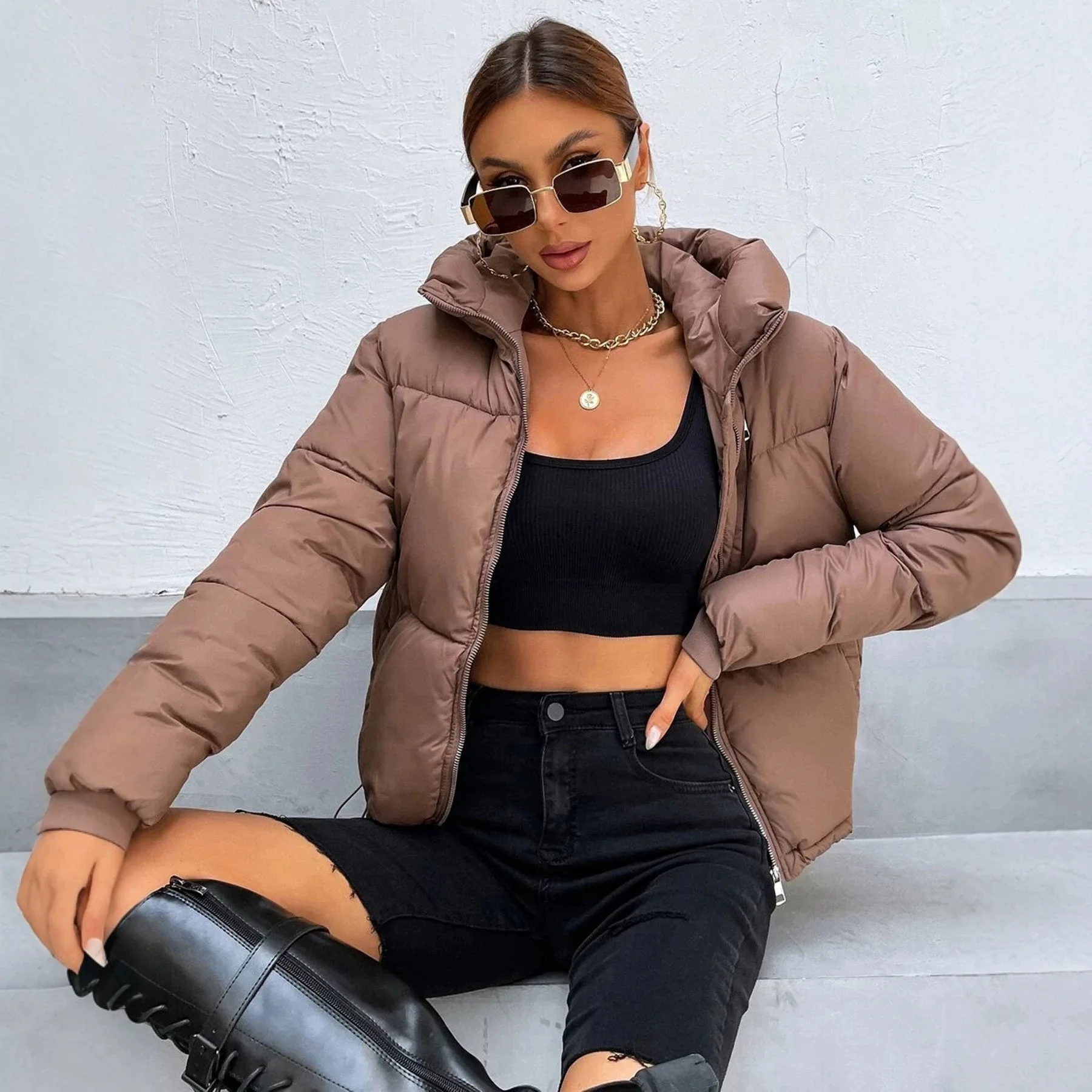 Autumn and winter ladies coat cotton coat bread coat trim waist belt bow hooded cotton coat pocket zipper cold cotton coat