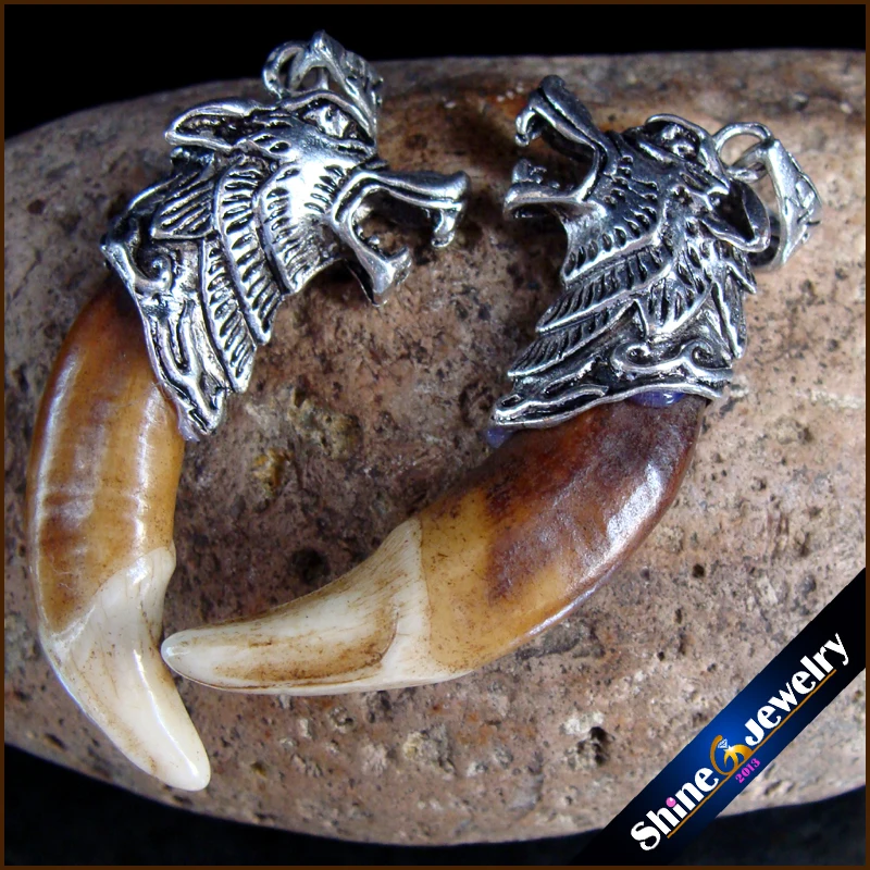 

Wholesale 5 pcs Tibetan silver men's tribal jewelry Brown natural wolf teeth pendants beads Free shipping