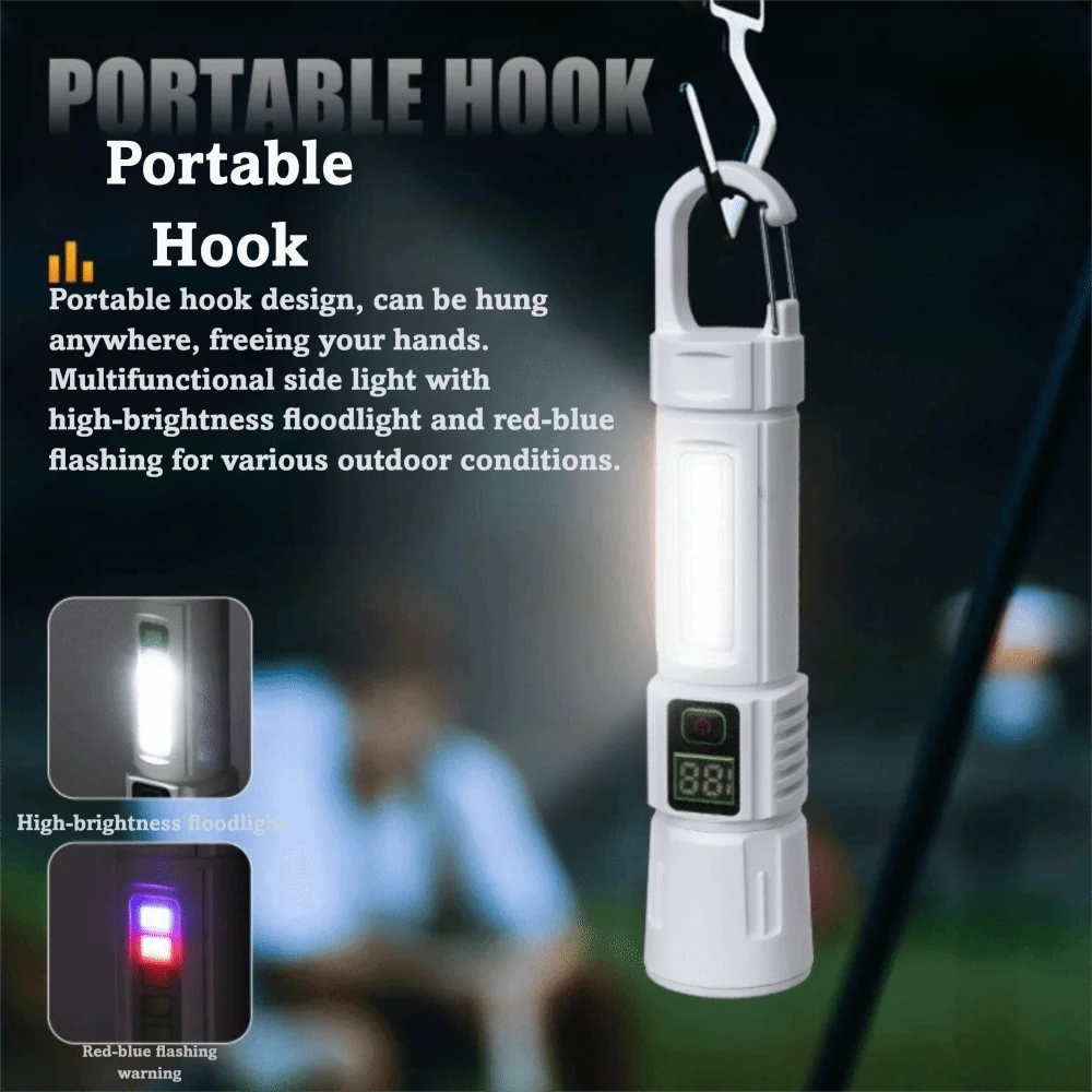 Red Blue Warning Light Zoomable Flashlight Portable Hook Waterproof Rechargeable Flashlight Type-C fast charging