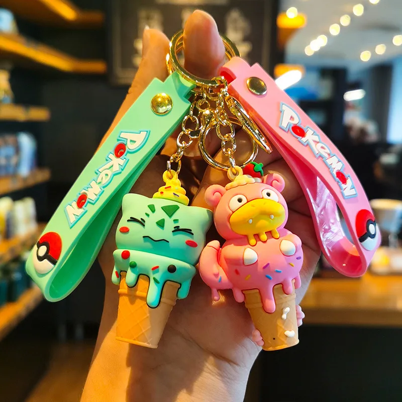 Pikachu Keychain Pokemon Silicone Doll Cartoon Ice Cream Cone Series Psyduck Bulbasaur Pendant Car Bag Hanging Ornaments