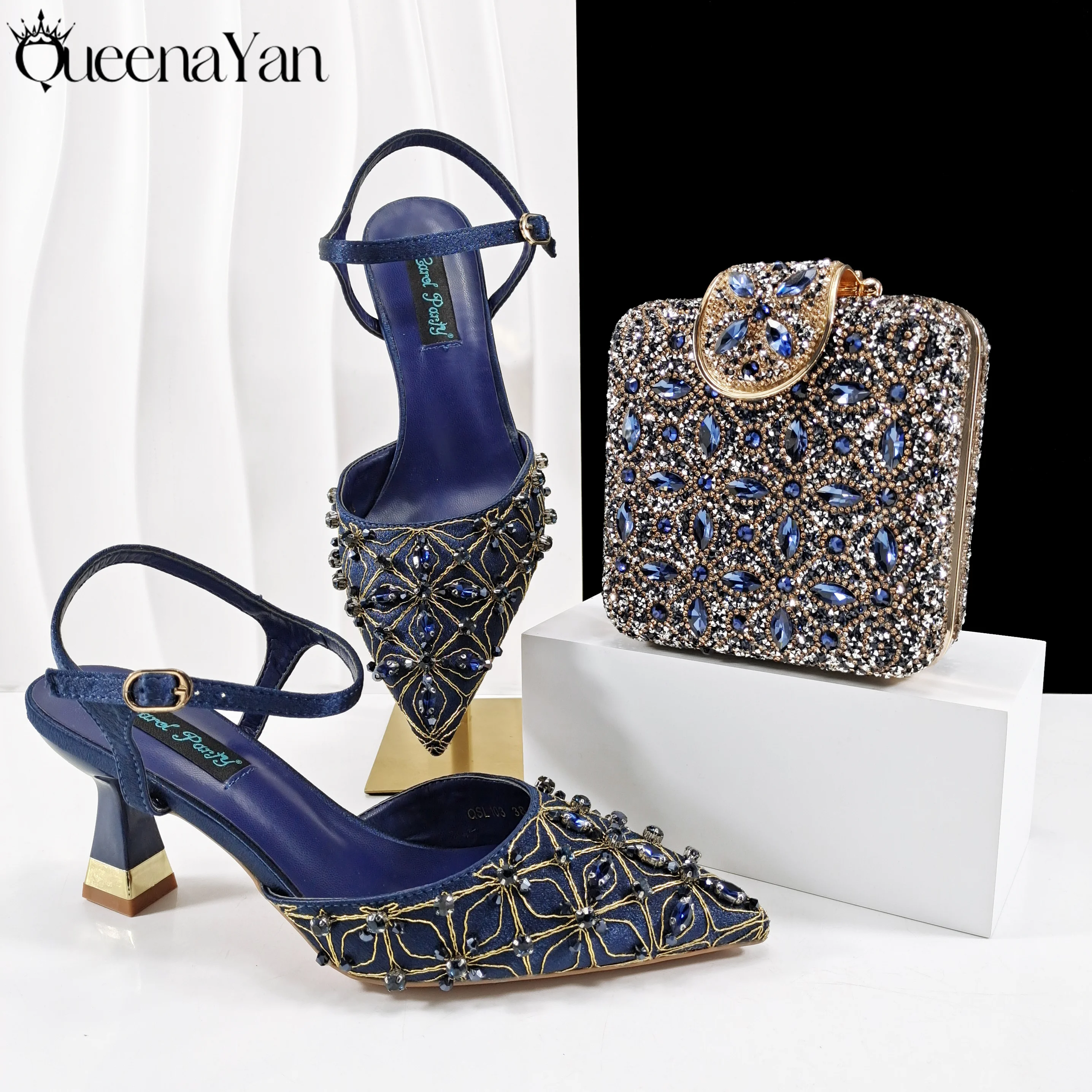 مجموعة أحذية وحقائب QueenaYan أنيقة لامعة وكعب متوسط كحلي مزينة بأحجار الراين الرائعة على شكل ألماس مثالية لحفلات الزفاف #2