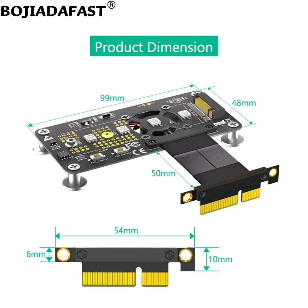 PCI-E 3.0 4X para NGFF M.2 Chave-M 2230 2242 2260 2280 NVME SSD Converter Adapter Card, Ventilador de refrigeração, Cabo de dados de alta velocidade, 50mm 5cm