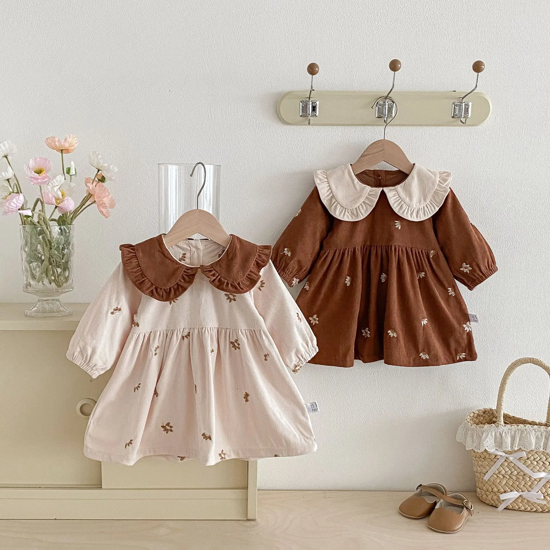 2026 Spring and Autumn Lapel Color Matching Baby Girl's Clothes Embroidered Flowers Dress Baby Girl's Dress