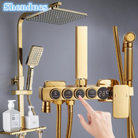 Gold Thermostatic Bathroom Shower Set 12 Inch Rain Shower Head Hot Cold Digital Bathroom Shower System Brass Bathtub Faucets