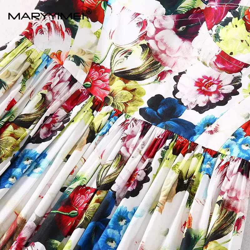 MARYYIMEI Fashion Women\'s Vintage Spaghetti Strap Backless Printed Square-Neck Pleated Elegant Celebrity Party Floral Maxi Dress