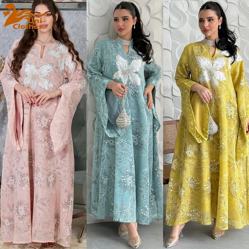 

UNI 2025 Summer Fashion Sequin Embroidered Yarn Robe Muslim Dress for Women Long Dress Kaftan Dubai Abaya Eid Ramadan