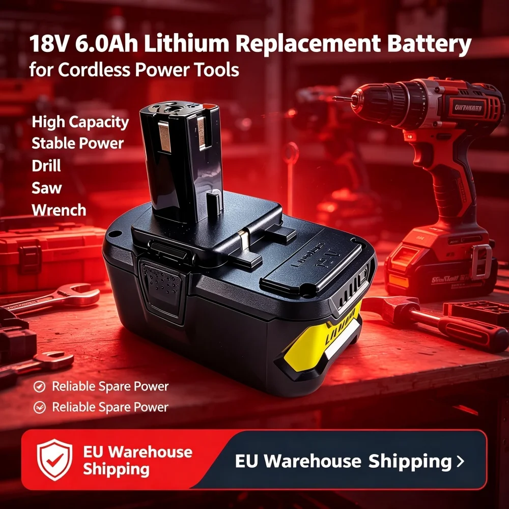 Hochleistungs-18V-6000mAh-Lithium-Ersatzakku, kompatibel mit Ryobi ONE+ 18V Bohr-, Schleif- und Sägewerkzeugen, mit intelligentem Mehrfach-Sicherheitsschutz, CE-, RoHS- und REACH-zertifiziert,