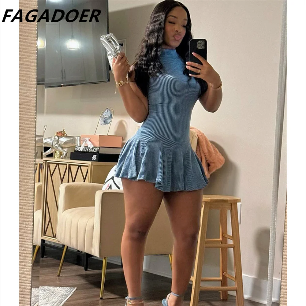 FAGADOER Spring New Solid Color Ribber Pleated Mini Dresses Women Sleeveless Elasticity Slim Vestidos Fashion Female Streetwear