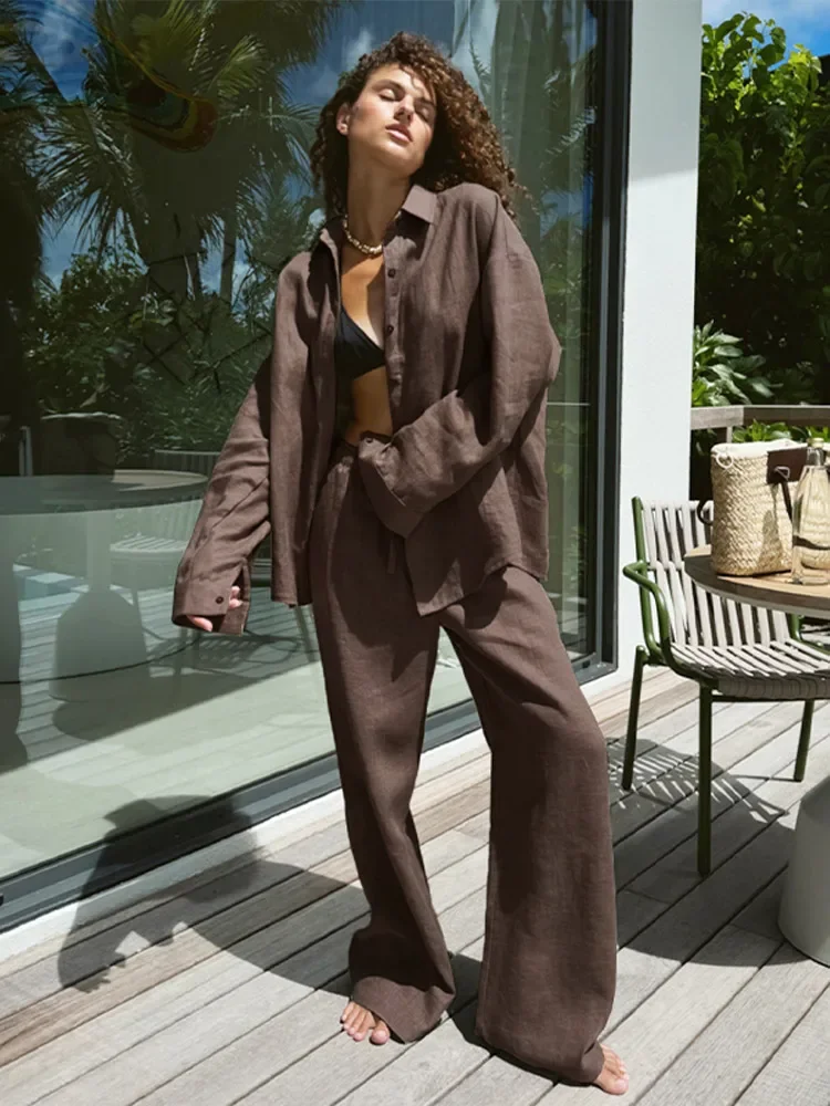 New Solid Casual Cotton Linen Shirt Sets Chic Button Down Blouse Drawstring Wide Leg Trousers Suit Women's Summer Vacation Wear