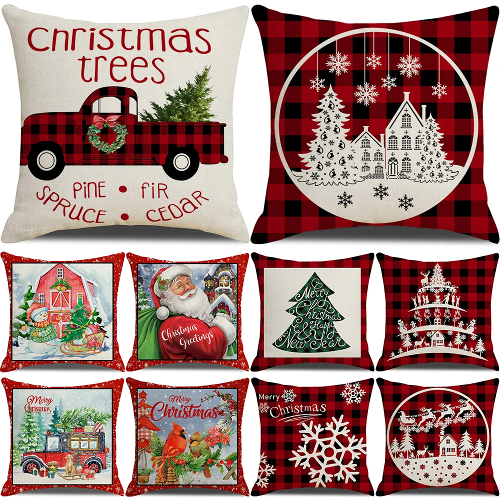 

Christmas Linen Pillowcases 18x18 Inches Christmas Decorative Cushion Cover Santa Reindeer Truck Pillow Covers Plaid Pillow Case