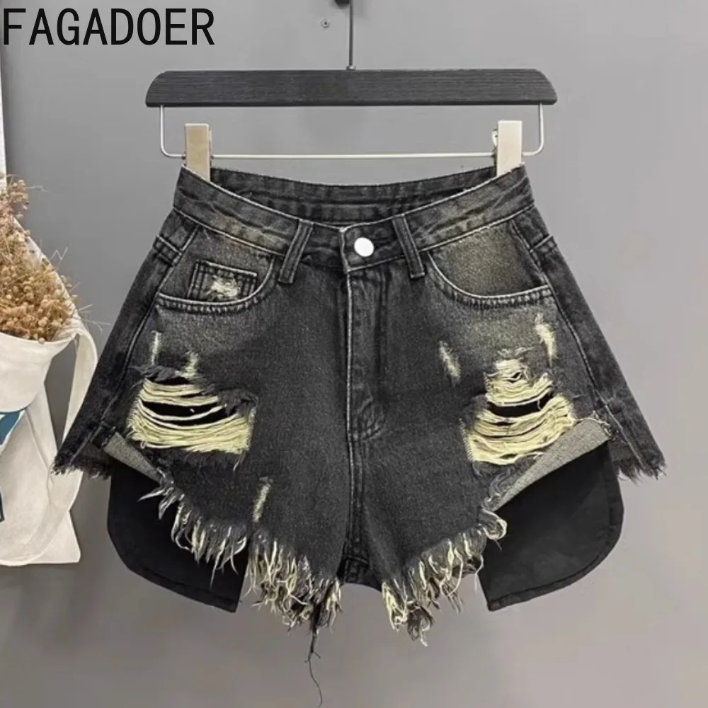 

FAGADOER Fashion Hot Girl Streetwear Women High Waist Button Pocket Hole A-line Denim Shorts Casual Female Tassels Jeans Bottoms