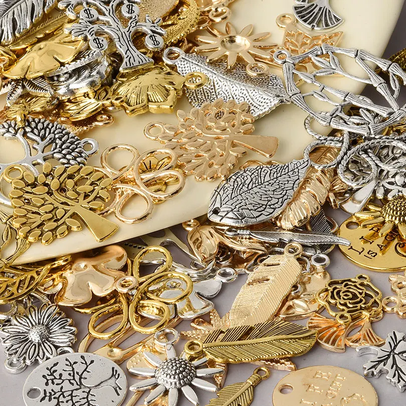 10-100pcs Random Mix 3 Colors Leaves Flowers Alloy Charms Earring Bracelet Leaves Flowers Pendant Jewelry Making DIY Accessories