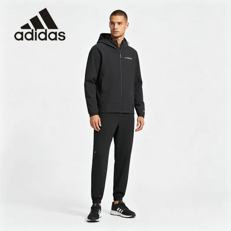 Adidas New Logo Men Windproof Gym Suit Quick Dry Shell Hood Coat Elastic Ankle Joggers Casual Athletic One Set JE8282 + IV7589
