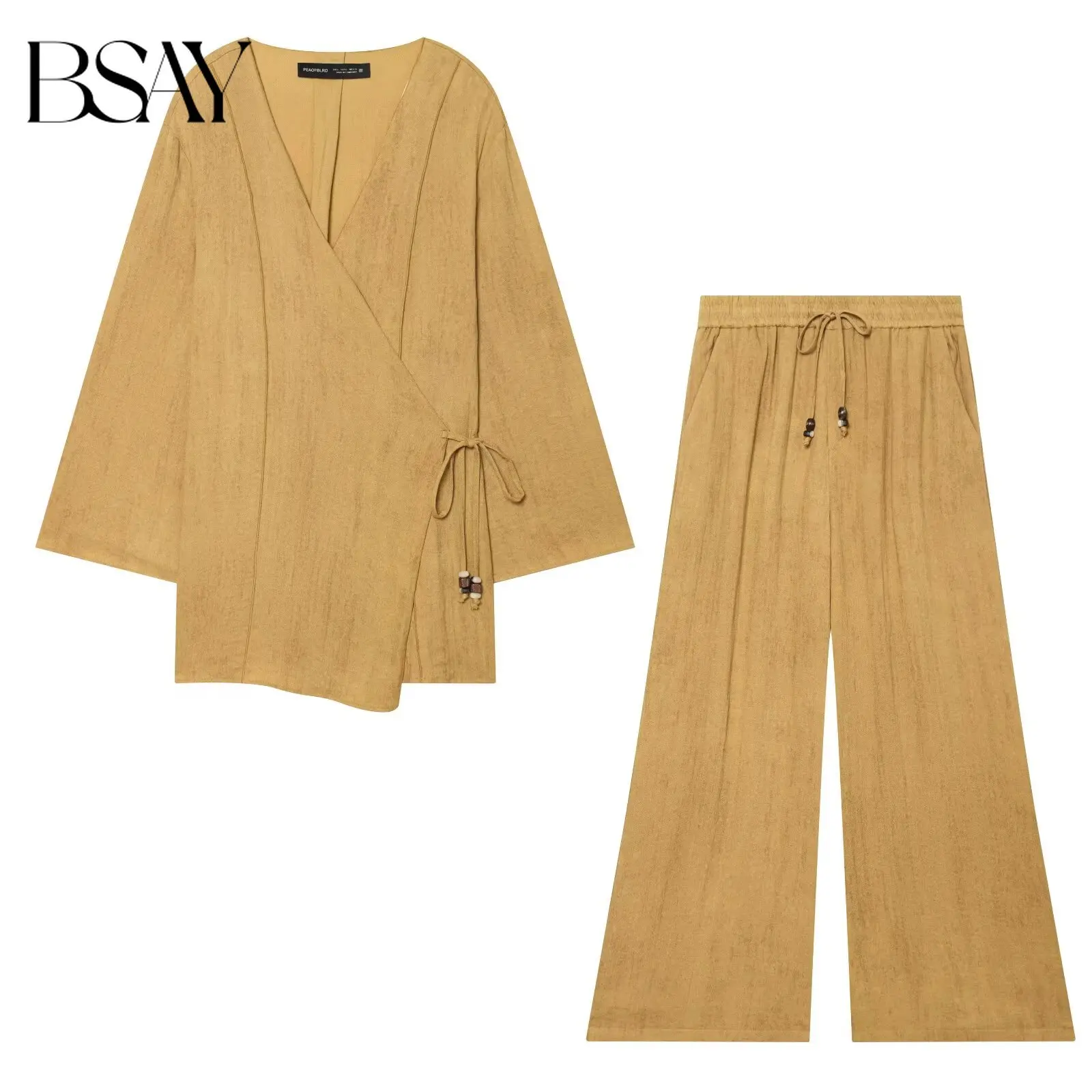 

BSAY Women's 2Piece Outfit Long Sleeve V-Neck Beaded Tie-Wrap Coat High Waist Elastic Drawstring Wide Leg Pants Casual Coord Set