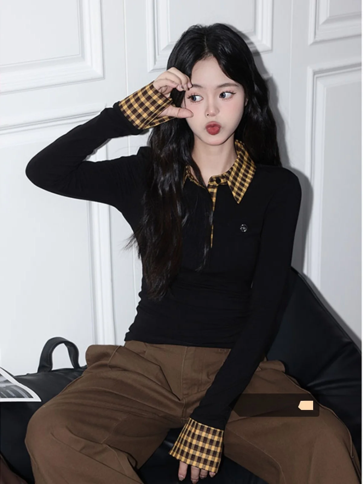 Slim Fit Long Sve Ne T-irt Women's Outerwear Spring Faion Design Bla Plaid Base Layer Top Korean Sle Commute