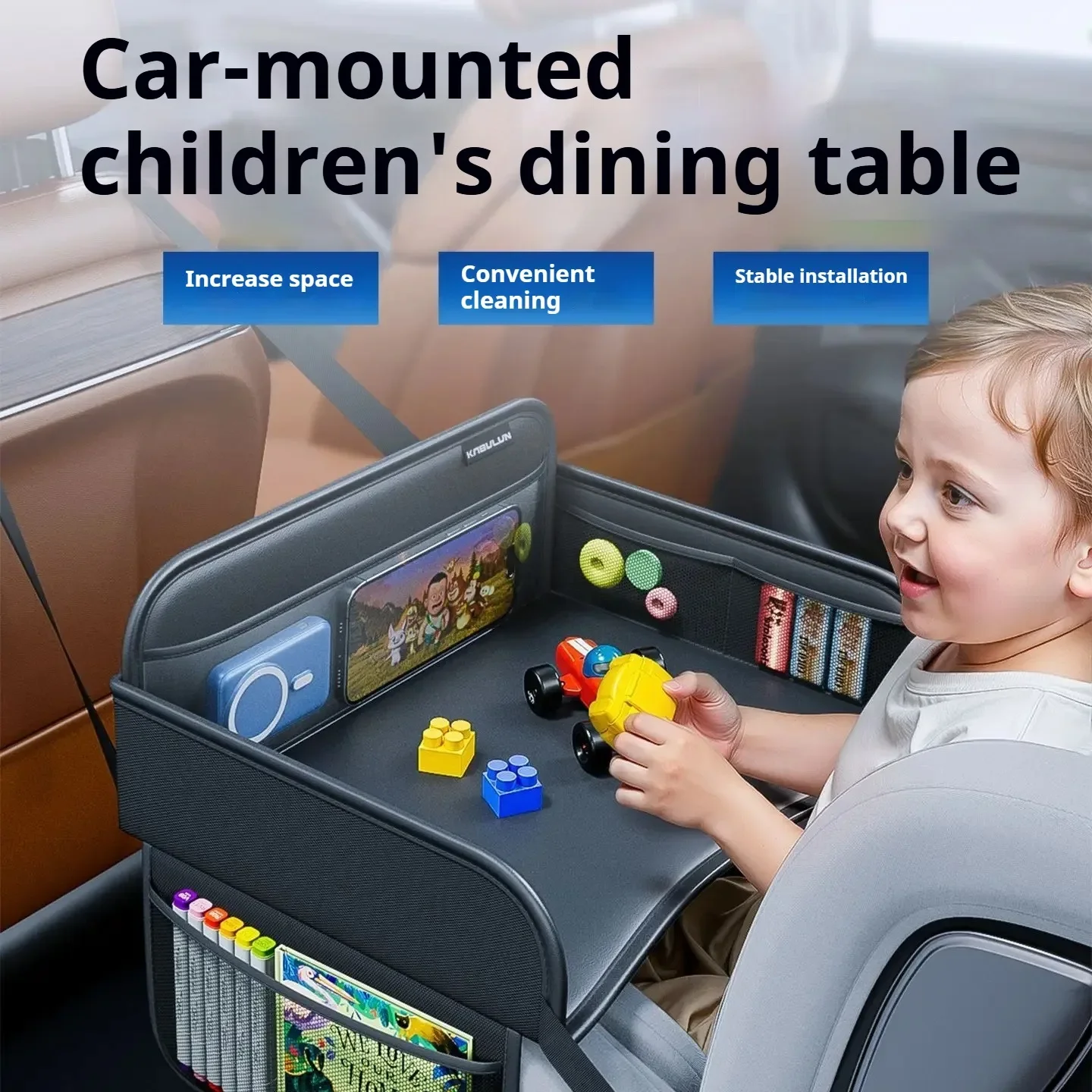 Leather Child Car Dining Drawing Table Universal Safety Seat Tray Backseat Children Table Tool Toy Phone Storage Pocket Lap Desk
