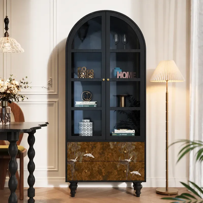 Medieval Style Wall Mounted Wine Cabinet Glass Display Solid Wood Bookcase Dining Sideboard Storage for Small Apartment