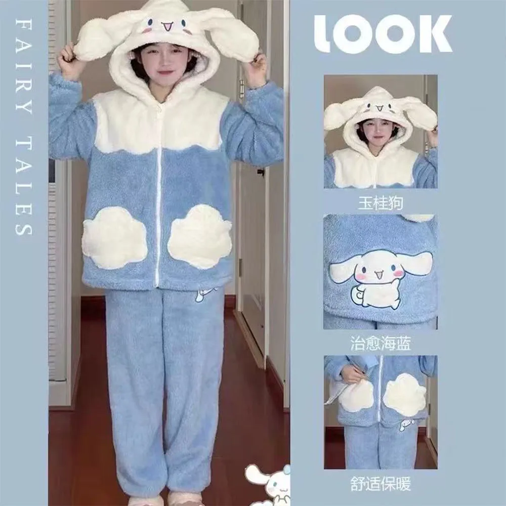 

Kawaii Plush Pajamas Suit Cinnamoroll Sanrio Cartoon Spring Winter Women Hooded Homewear Cute Girls Thickened Sweet Tops Pants