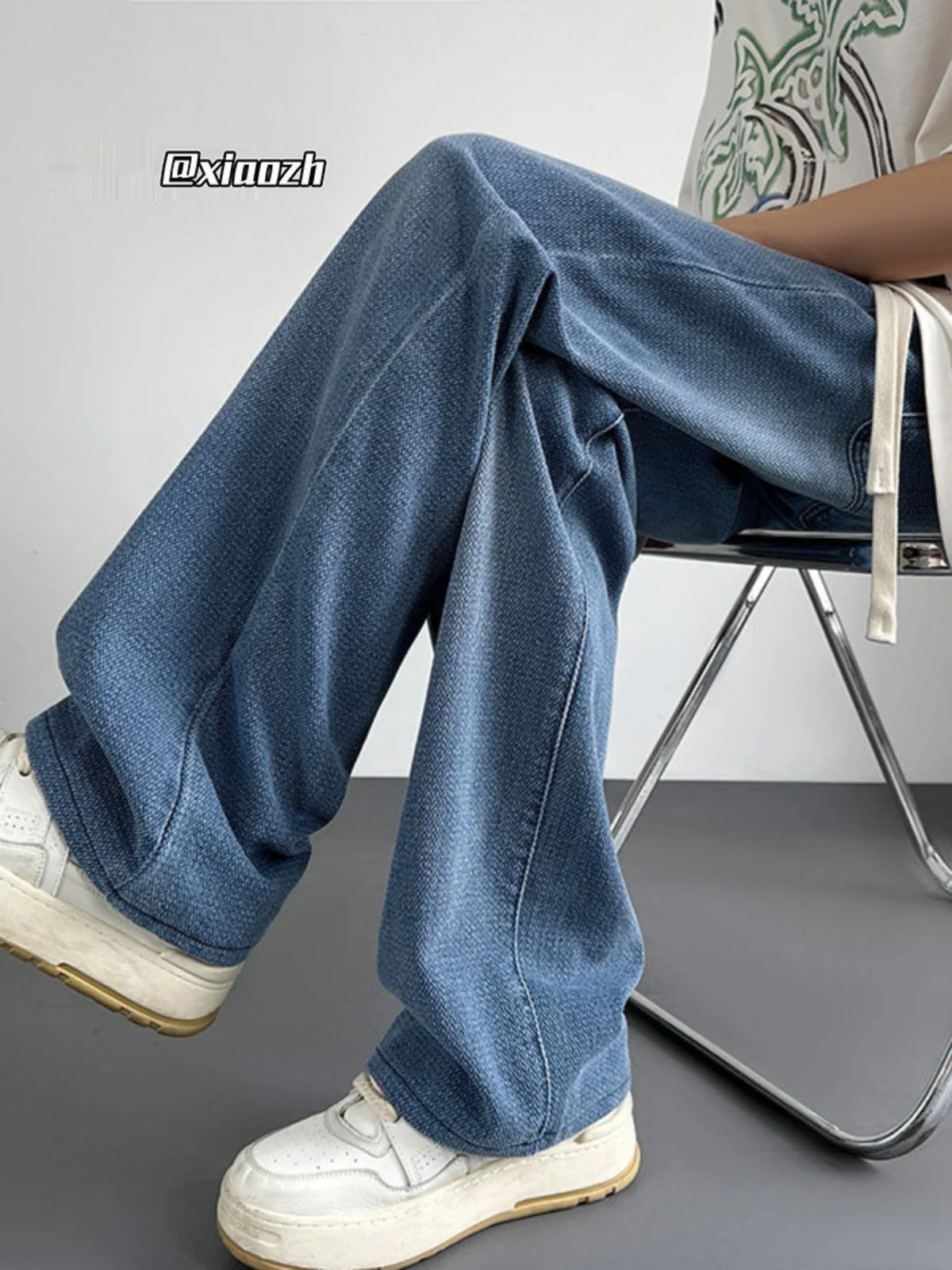 

Retro Blue Pattern Men's Jeans Straight Leg Trendy Cleanfit Pants American Style Knife Flared Cotton Polyester Blend
