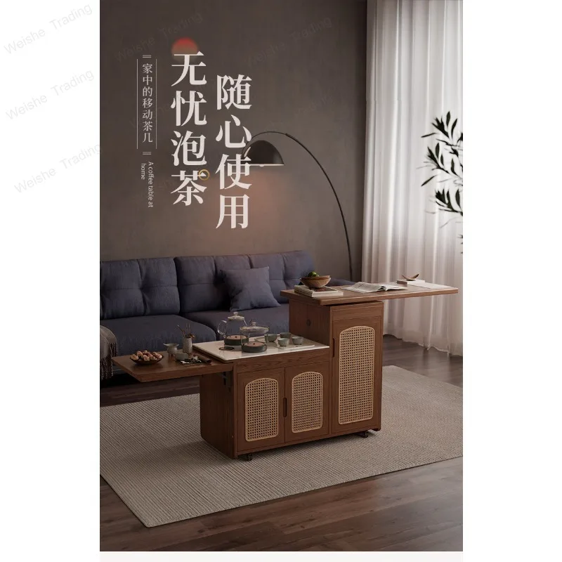 Mobile  Household small cart Solid wood coffee Rock slab tea table Kettle integrated embedded