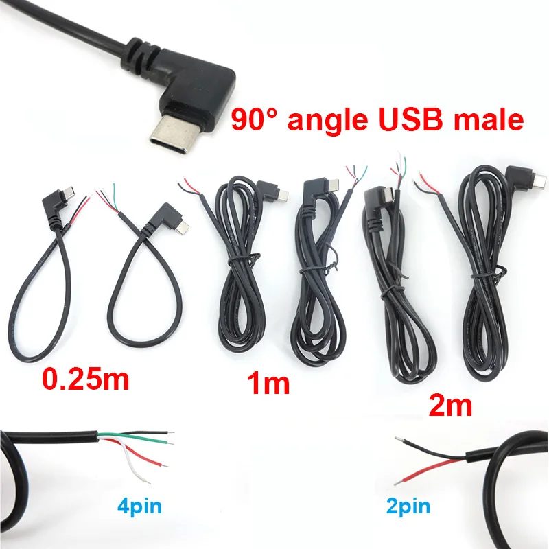 USB 2.0 Type-C 2pin 4pin USB Male elbow Head Cable right angle Plug DIY Power Supply data Charging extension cord