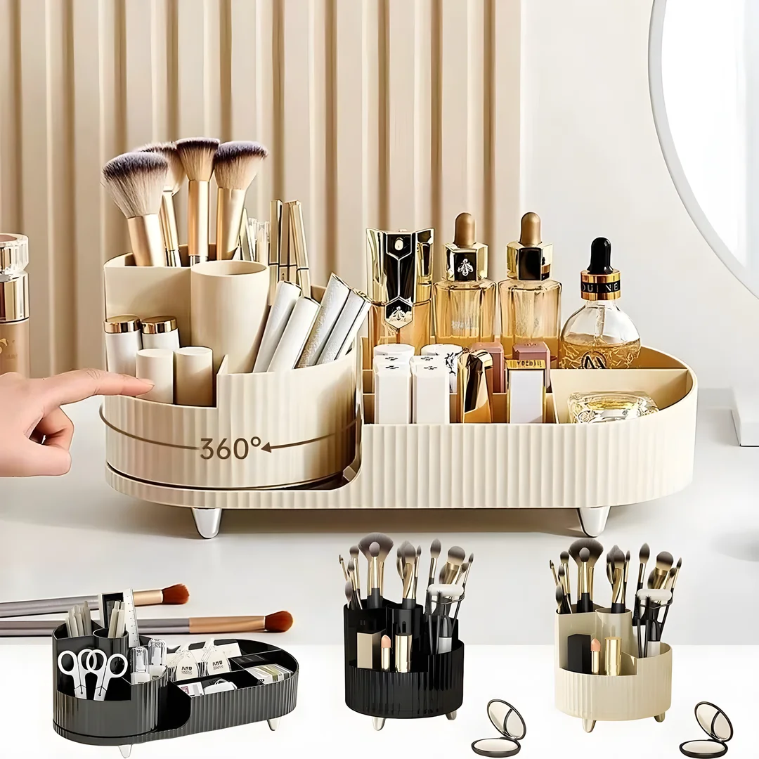 360 °   Organisateur de maquillage rotatif avec porte-brosse, grand rangement de cosmétiques rotatif pour les soins de la peau, les parfums et les lotions