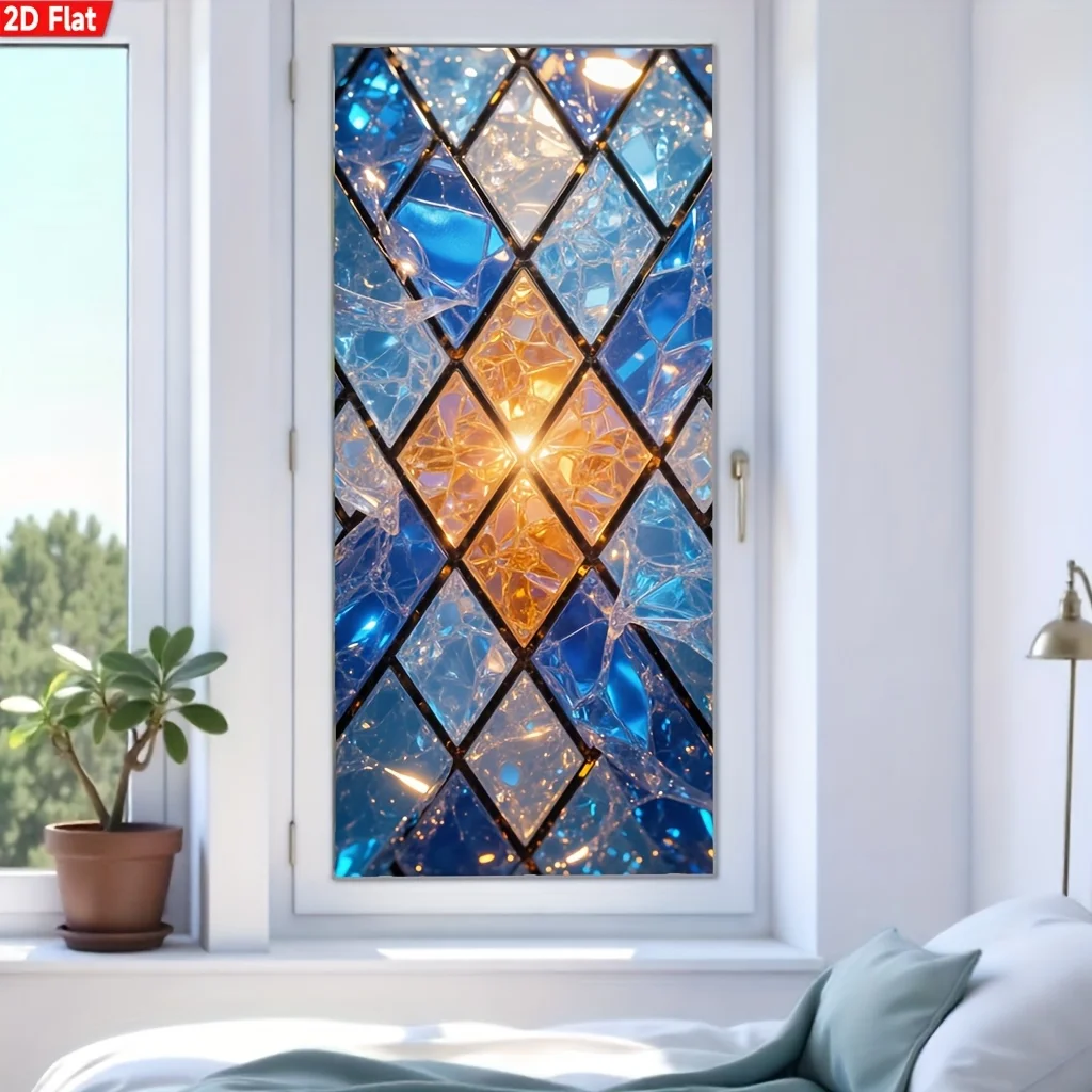 European‑Style Blue‑Gold Diamond Stained‑Glass Window Sticker Size 45x100cm Vintage Crushed‑Crystal Plaid Design