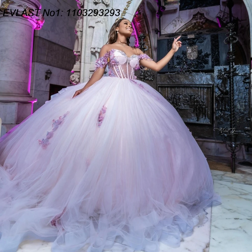 

EVLAST блестящее лавандовое бальное платье на заказ, платье Quinceanera с цветочной аппликацией и бисером, многоуровневое сладкое платье 16, Vestidos De 15 Anos E1QN325