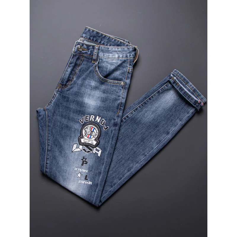 

2025 New Embroidered Jeans Men's Summer, Thin, Slim, Small Foot, Trendy, Elastic, Casual, Fashionable Long Pants