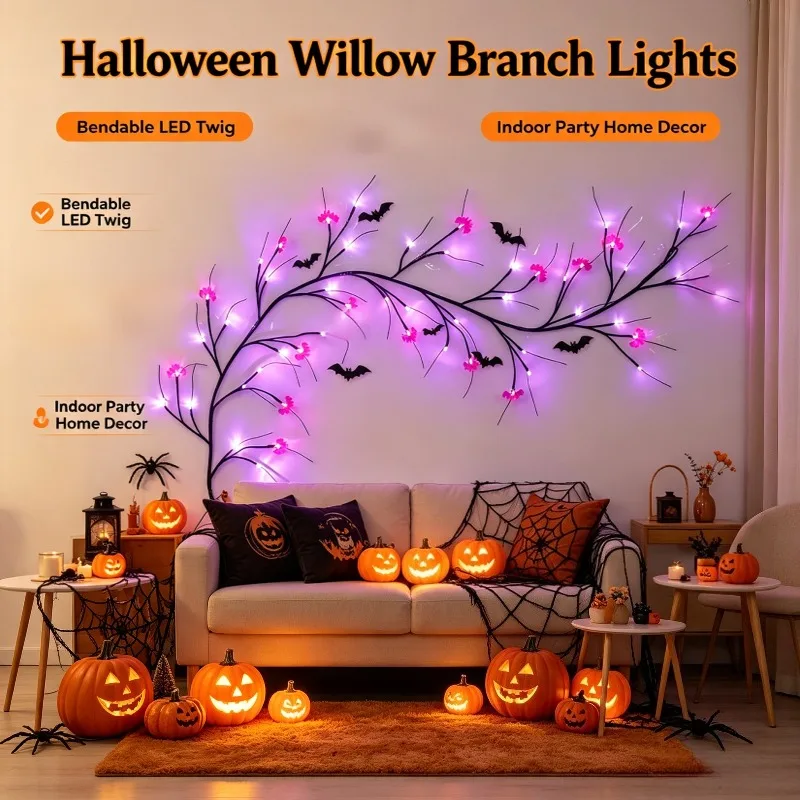 Halloween LED Willow Branch Lights, Bendable Twig Fairy Lights with Bat Pumpkin Decor for Indoor Home Party