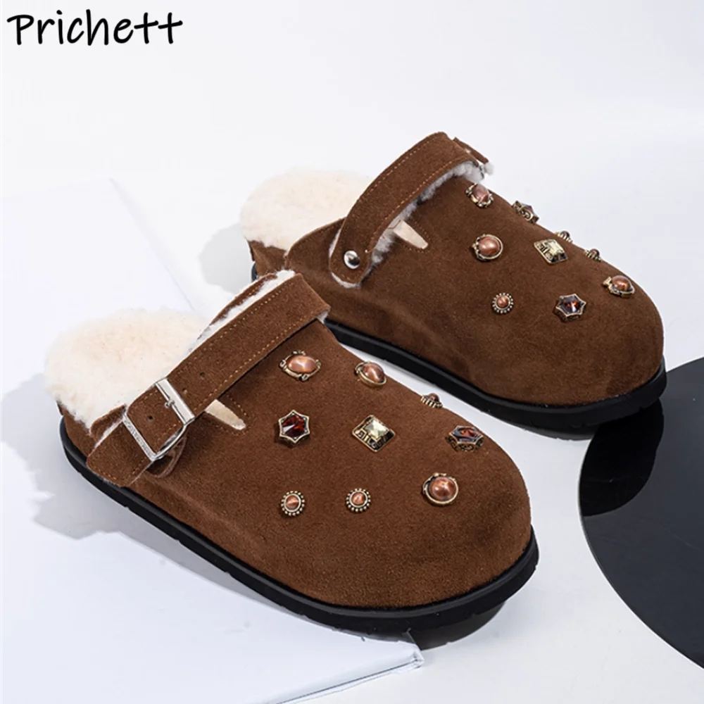 

with Fur Rhinestone Winter Slippers Round Toe Thick Soled Soft Warm Shoes Leisure Fashion Concise Furry Outdoor Slip On Shoes