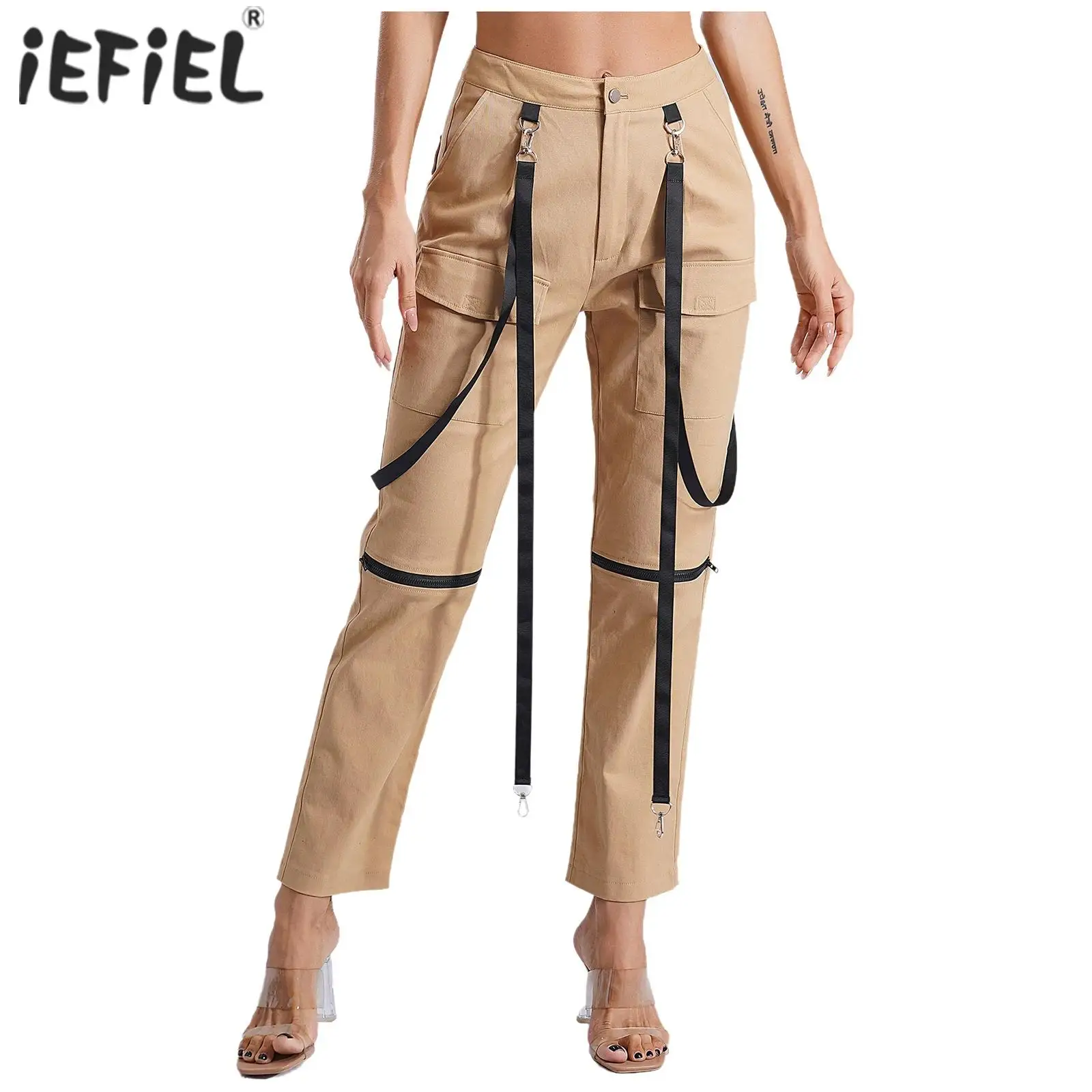 Damen Riemchen Cargo hose Pocktes dekorative Reiß verschlüsse einfarbige Jazz Tanz hose Hose Halloween Musik Festivals Kleidung