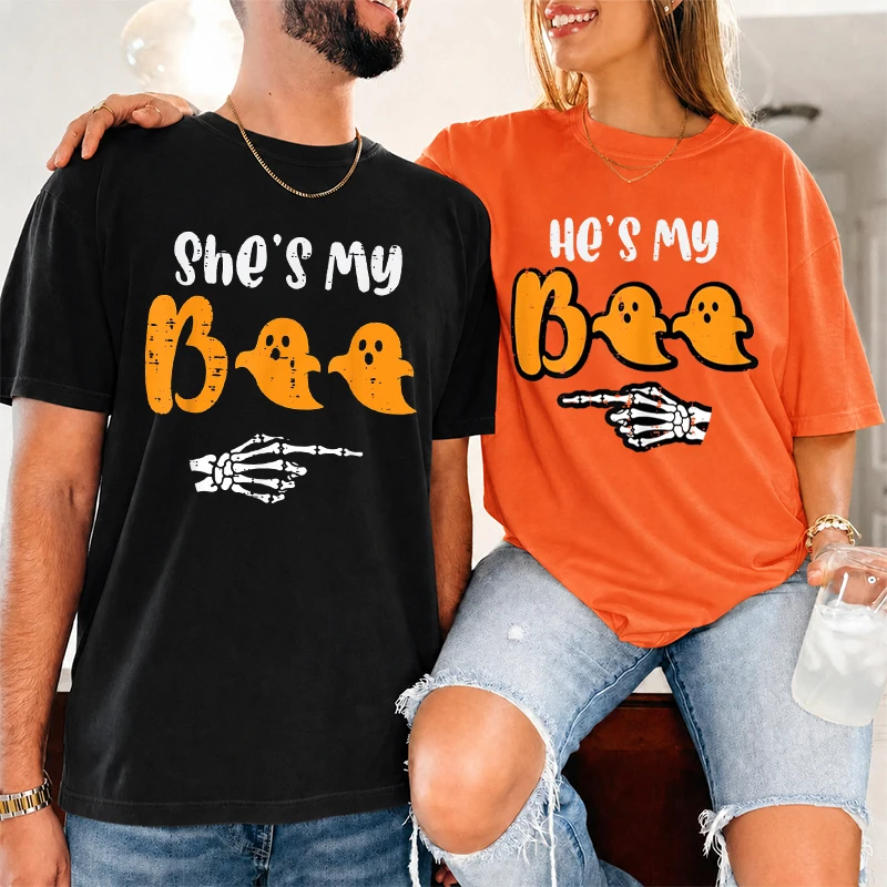 Hes My Boo Shes My Boo Skeleton Graphics T-shirt For Couple Vintage Women Men Halloween Matching Tshirt Lover Gifts