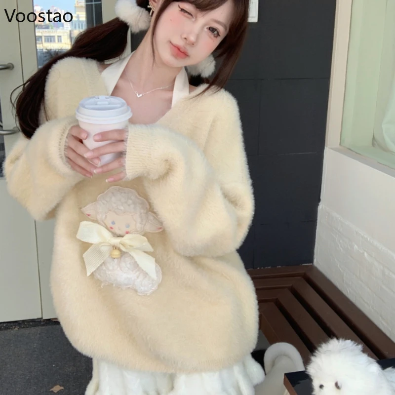 Spring Autumn Kawaii Lolita Sweaters Women Cute Cartoon Sheep Embroidery V-Neck Knitted Pullovers Coat Y2k Loose Knitwear Tops