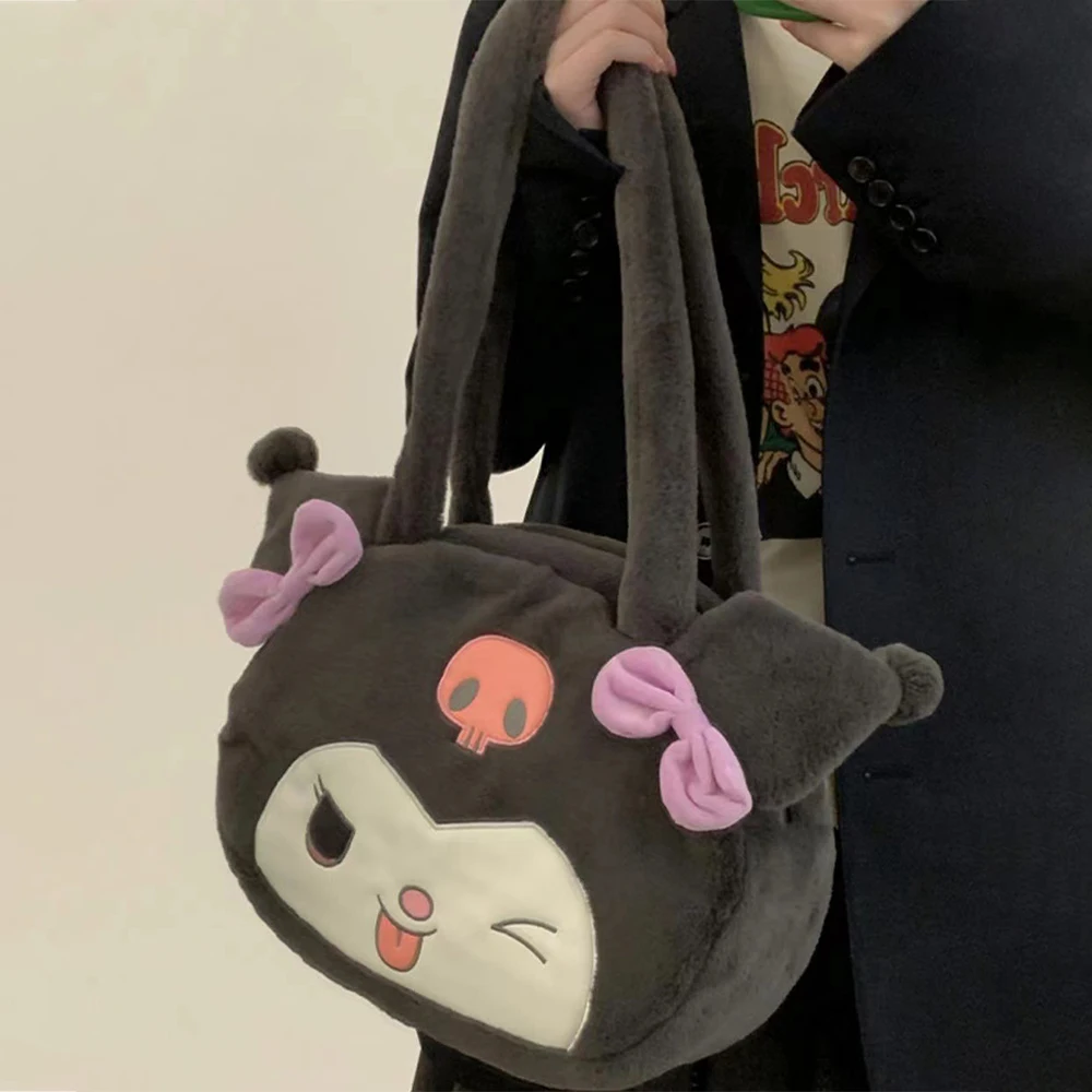 Kuromi-Bolso de hombro de felpa Sanrio, bolsa de mano de gran capacidad con orejas grandes, Anime, bonito, para compras, My Melody, Hello Kitty, regalos